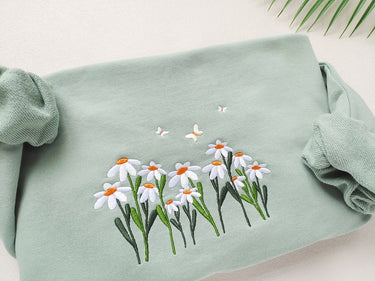 Daisies And Butterfly Embroidered Sweatshirt, Butterfly Sweatshirt,Crewneck Sweatshirt,Embroidery Patterns,Flower Embroidery, Best Gift